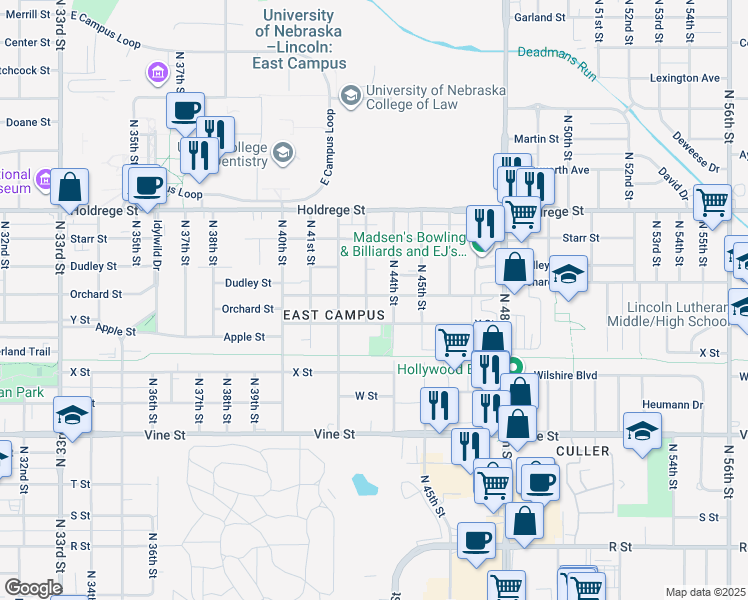 map of restaurants, bars, coffee shops, grocery stores, and more near 1203 North 43rd Street in Lincoln