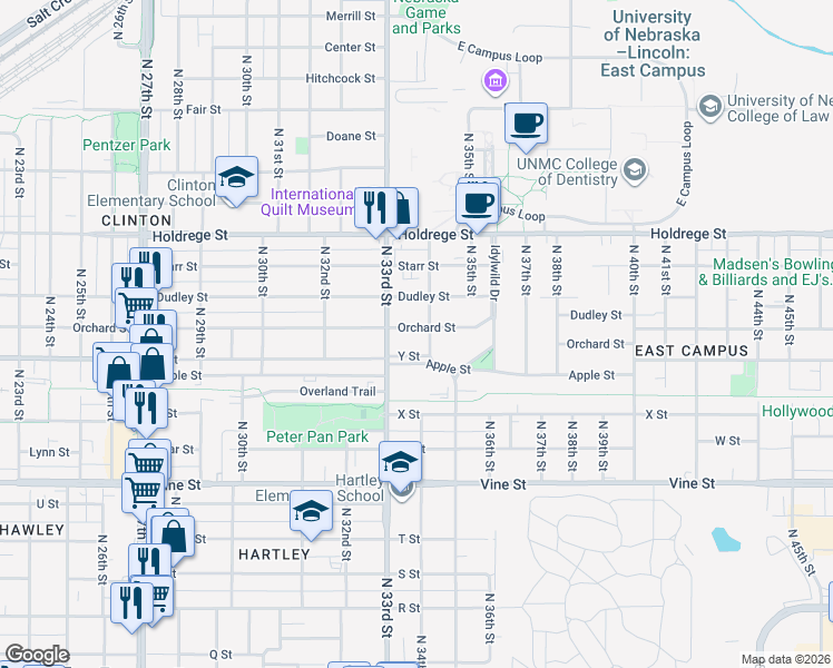 map of restaurants, bars, coffee shops, grocery stores, and more near 3330 Orchard Street in Lincoln