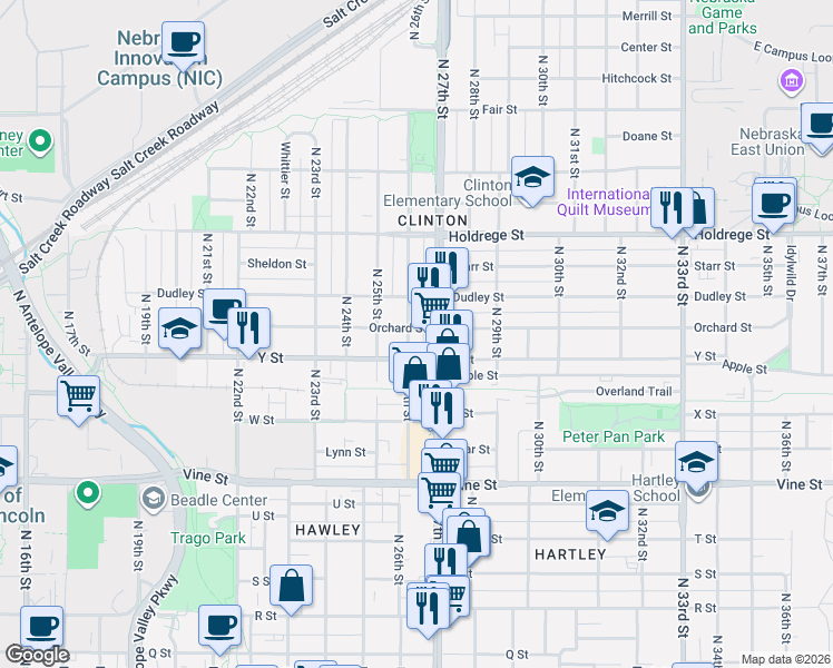 map of restaurants, bars, coffee shops, grocery stores, and more near 2630 Orchard Street in Lincoln