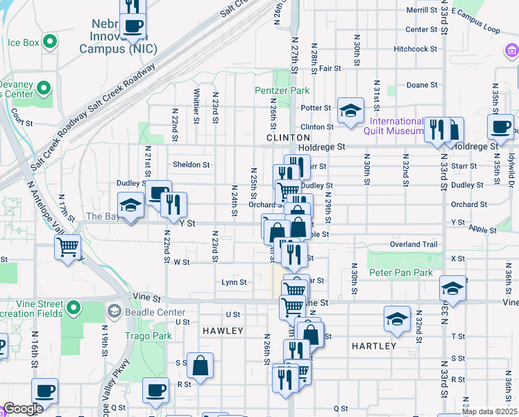 map of restaurants, bars, coffee shops, grocery stores, and more near 2540 Orchard Street in Lincoln