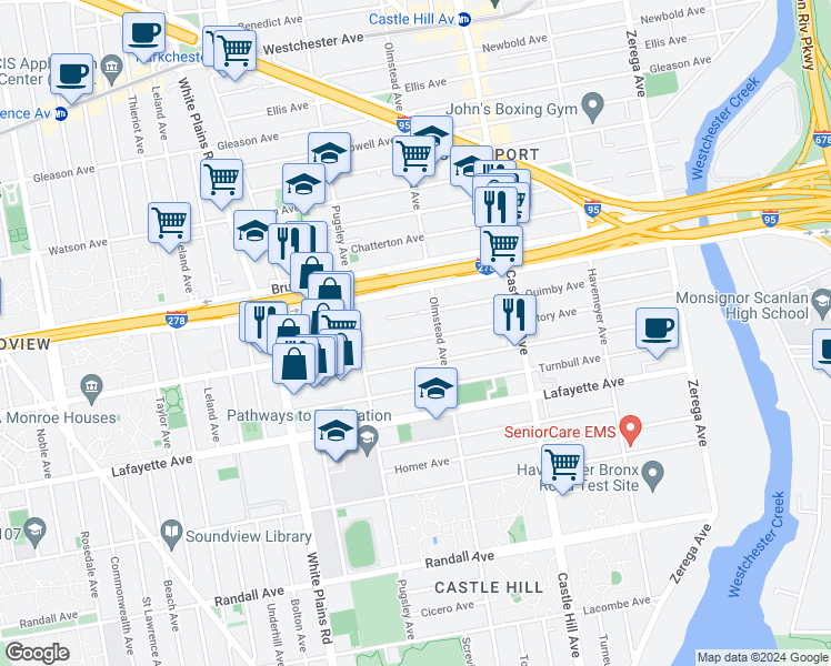 map of restaurants, bars, coffee shops, grocery stores, and more near 2059 Story Avenue in Bronx