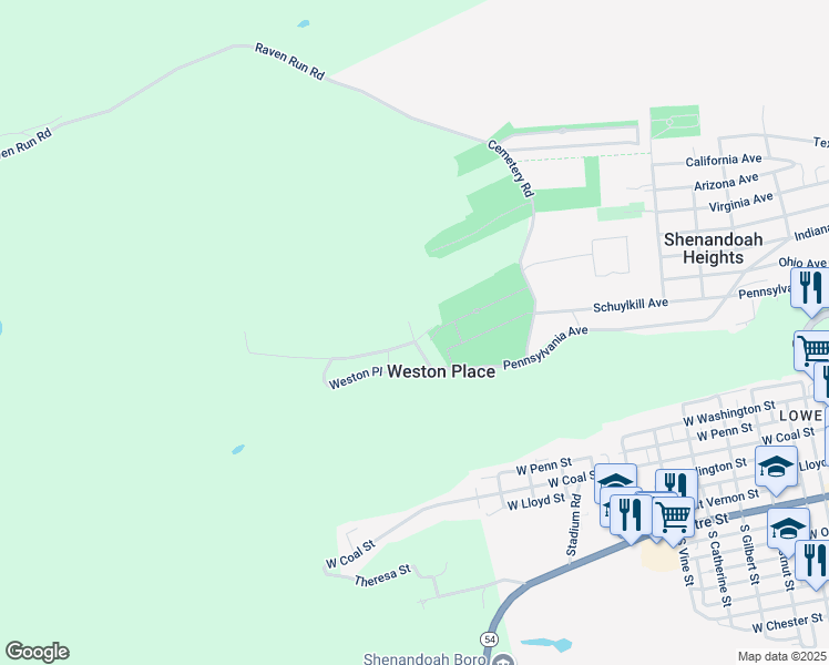 map of restaurants, bars, coffee shops, grocery stores, and more near 185 Weston Place in Shenandoah