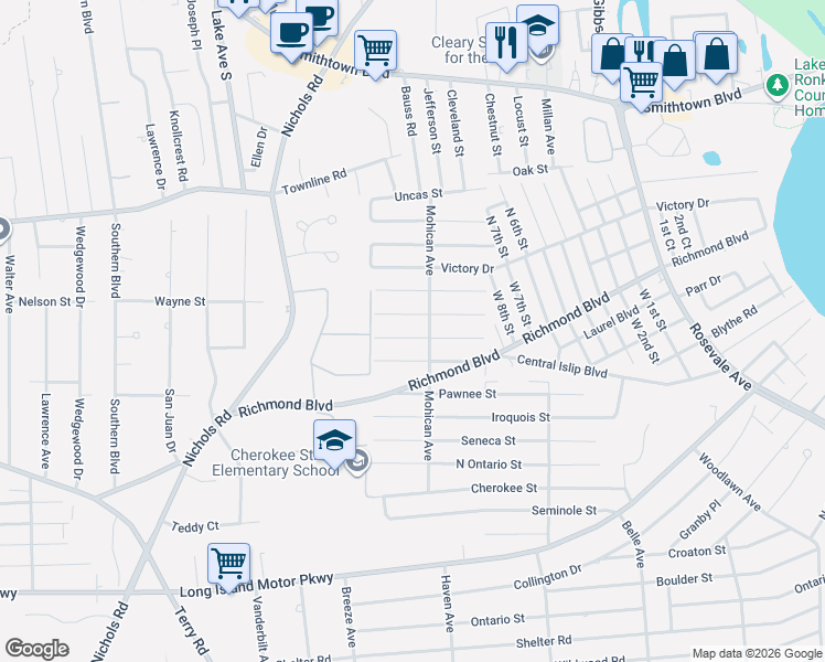 map of restaurants, bars, coffee shops, grocery stores, and more near 138 Mohawk Street in Ronkonkoma