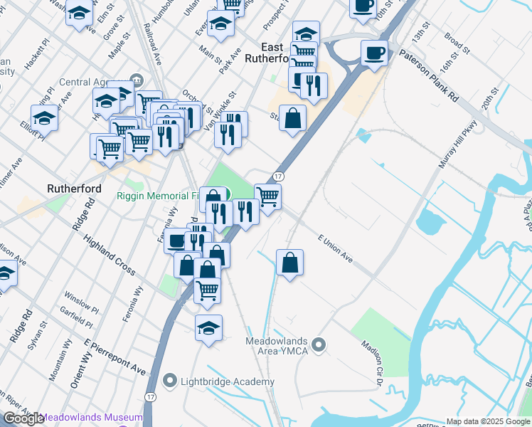 map of restaurants, bars, coffee shops, grocery stores, and more near 280 New Jersey 17 in Wood-Ridge