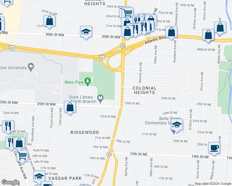 map of restaurants, bars, coffee shops, grocery stores, and more near 2607 Market Avenue North in Canton