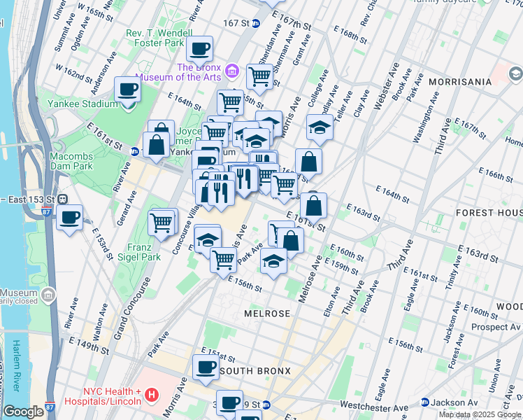 map of restaurants, bars, coffee shops, grocery stores, and more near in The Bronx
