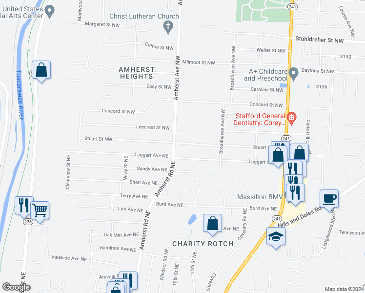 map of restaurants, bars, coffee shops, grocery stores, and more near 1021 Stuart Street Northwest in Massillon
