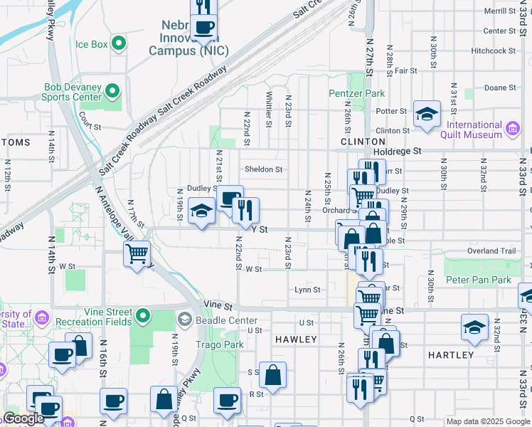 map of restaurants, bars, coffee shops, grocery stores, and more near 2232 Orchard Street in Lincoln
