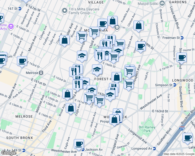 map of restaurants, bars, coffee shops, grocery stores, and more near 968 Cauldwell Avenue in Bronx