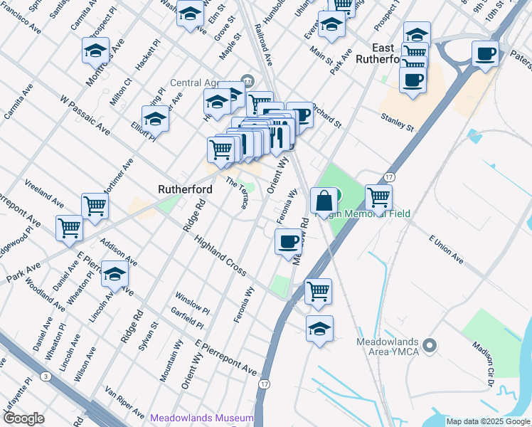 map of restaurants, bars, coffee shops, grocery stores, and more near 69 Orient Way in Rutherford