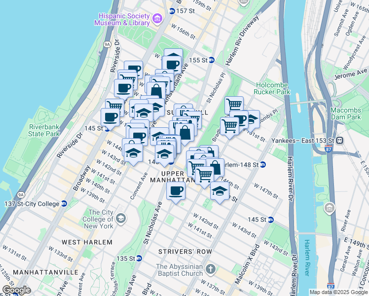 map of restaurants, bars, coffee shops, grocery stores, and more near in New York