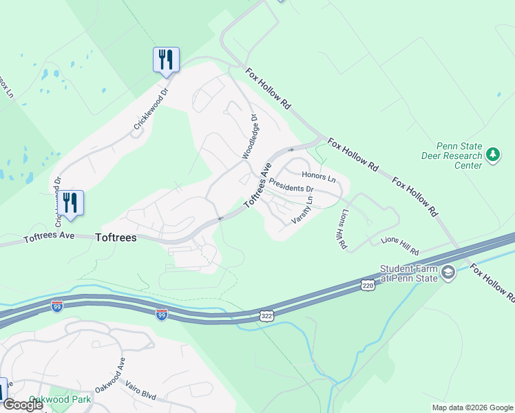 map of restaurants, bars, coffee shops, grocery stores, and more near 112 Alma Mater Drive in State College