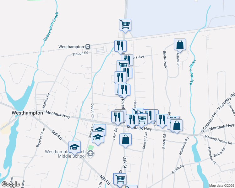 map of restaurants, bars, coffee shops, grocery stores, and more near 59 Old Riverhead Road in Hampton Bays