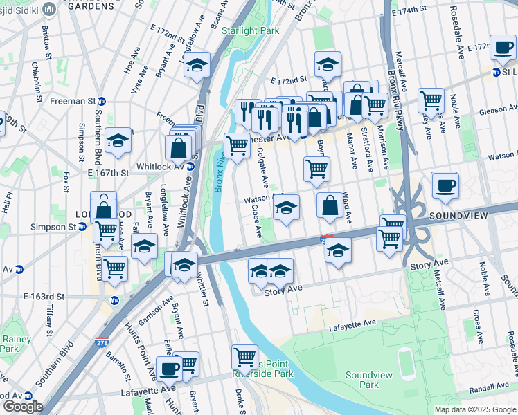 map of restaurants, bars, coffee shops, grocery stores, and more near 1430 Watson Avenue in Bronx
