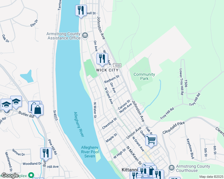 map of restaurants, bars, coffee shops, grocery stores, and more near 901 Orr Avenue in Kittanning