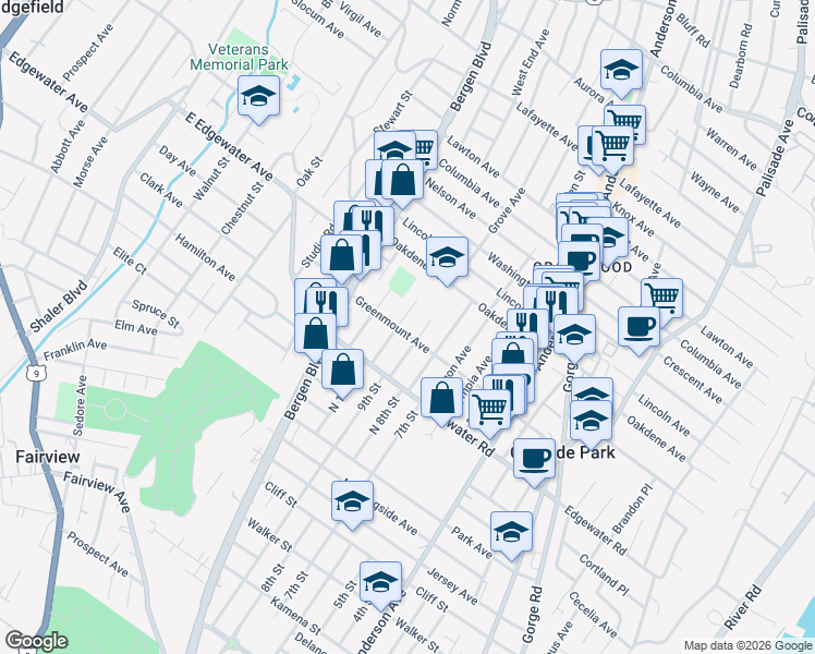 map of restaurants, bars, coffee shops, grocery stores, and more near 555 Longview Avenue in Cliffside Park