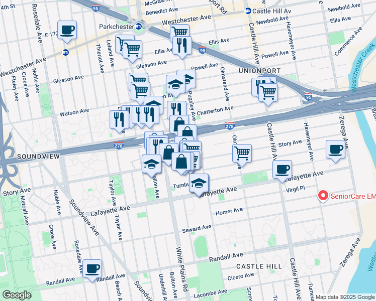 map of restaurants, bars, coffee shops, grocery stores, and more near 1998 Bruckner Boulevard in The Bronx