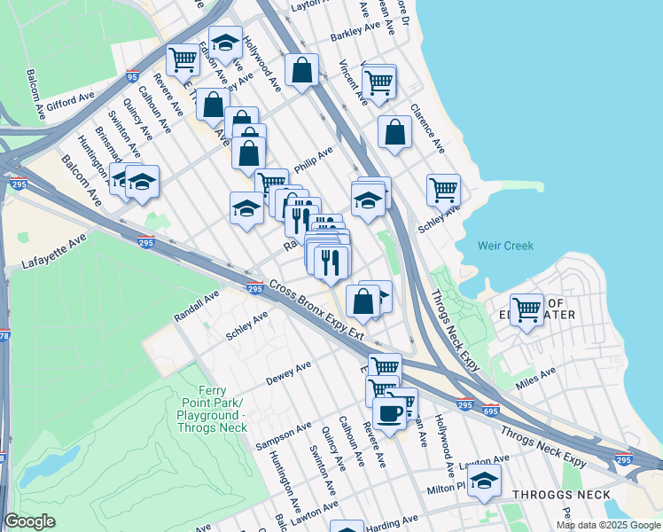 map of restaurants, bars, coffee shops, grocery stores, and more near 620 Edison Avenue in Bronx