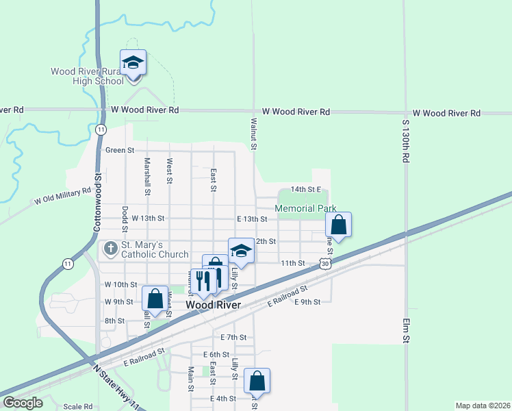 map of restaurants, bars, coffee shops, grocery stores, and more near 1320 Walnut Street in Wood River