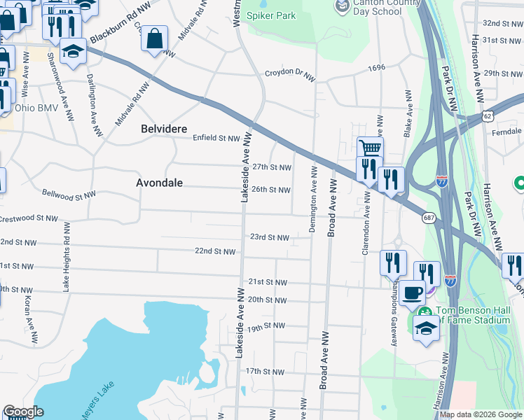 map of restaurants, bars, coffee shops, grocery stores, and more near 3049 25th Street Northwest in Canton