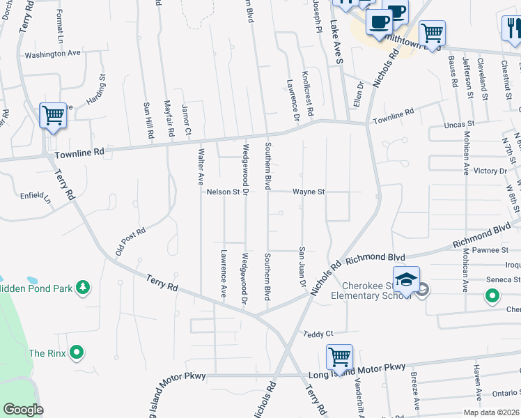 map of restaurants, bars, coffee shops, grocery stores, and more near 158 Southern Boulevard in Hauppauge