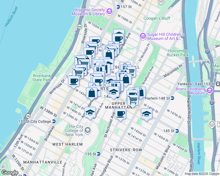 map of restaurants, bars, coffee shops, grocery stores, and more near 387 Convent Avenue in New York