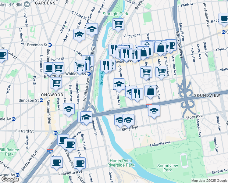 map of restaurants, bars, coffee shops, grocery stores, and more near 1430 Watson Avenue in Bronx