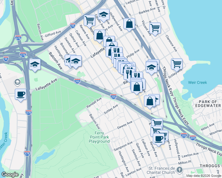 map of restaurants, bars, coffee shops, grocery stores, and more near in The Bronx