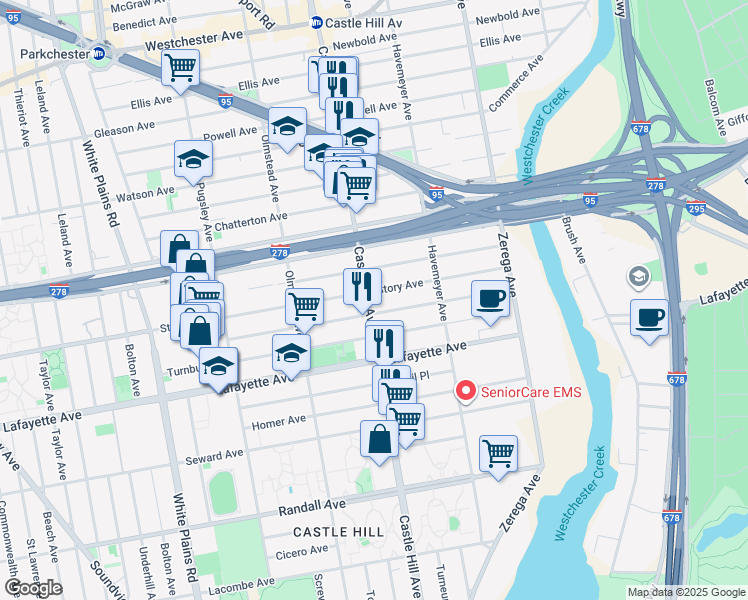 map of restaurants, bars, coffee shops, grocery stores, and more near 900 Castle Hill Avenue in Bronx