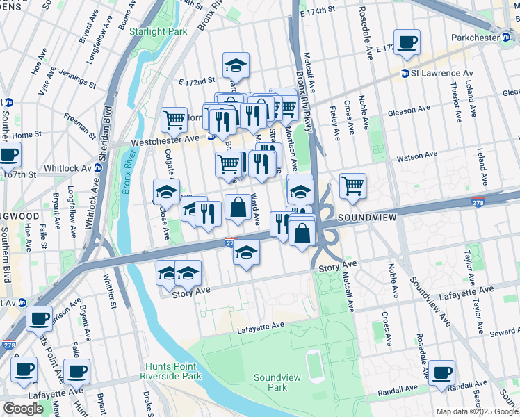 map of restaurants, bars, coffee shops, grocery stores, and more near 1048 Ward Avenue in Bronx