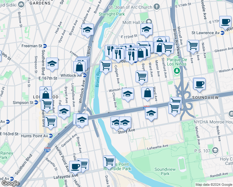 map of restaurants, bars, coffee shops, grocery stores, and more near 1430 Watson Avenue in Bronx