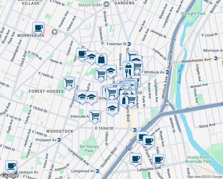 map of restaurants, bars, coffee shops, grocery stores, and more near 1049 Fox Street in Bronx