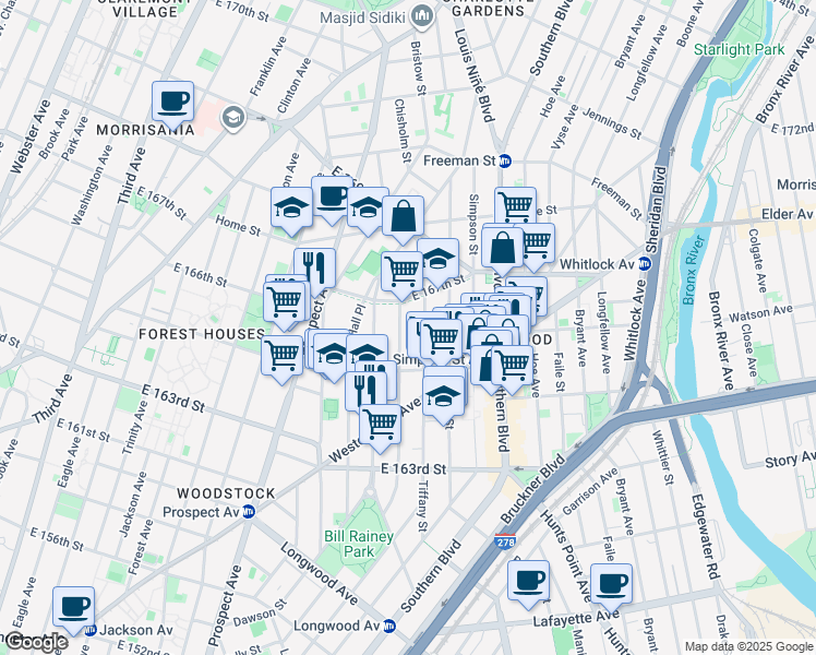 map of restaurants, bars, coffee shops, grocery stores, and more near 1075 Kelly Street in Bronx