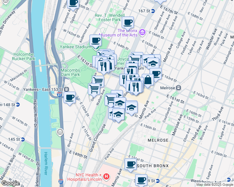 map of restaurants, bars, coffee shops, grocery stores, and more near 840 Grand Concourse in The Bronx