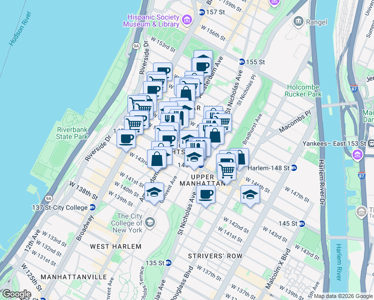 map of restaurants, bars, coffee shops, grocery stores, and more near 387 Convent Avenue in New York