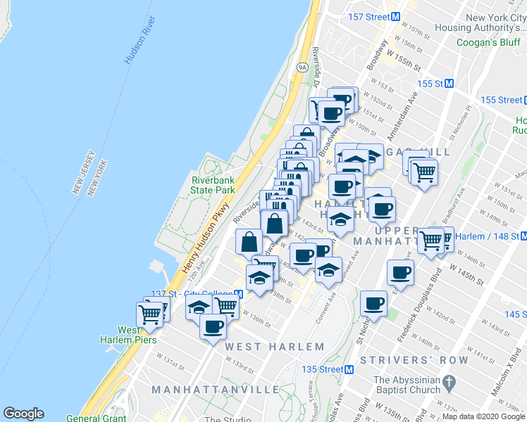 map of restaurants, bars, coffee shops, grocery stores, and more near 624 West 143rd Street in New York