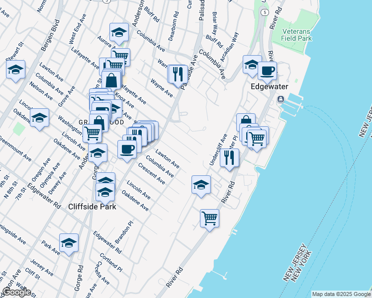 map of restaurants, bars, coffee shops, grocery stores, and more near 33 Knox Avenue in Cliffside Park