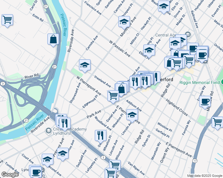 map of restaurants, bars, coffee shops, grocery stores, and more near 59 Vreeland Avenue in Rutherford