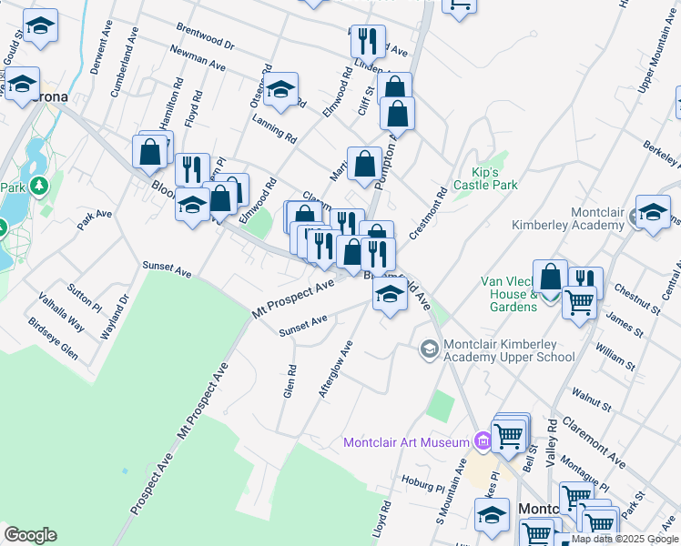 map of restaurants, bars, coffee shops, grocery stores, and more near 10 Pompton Avenue in Verona