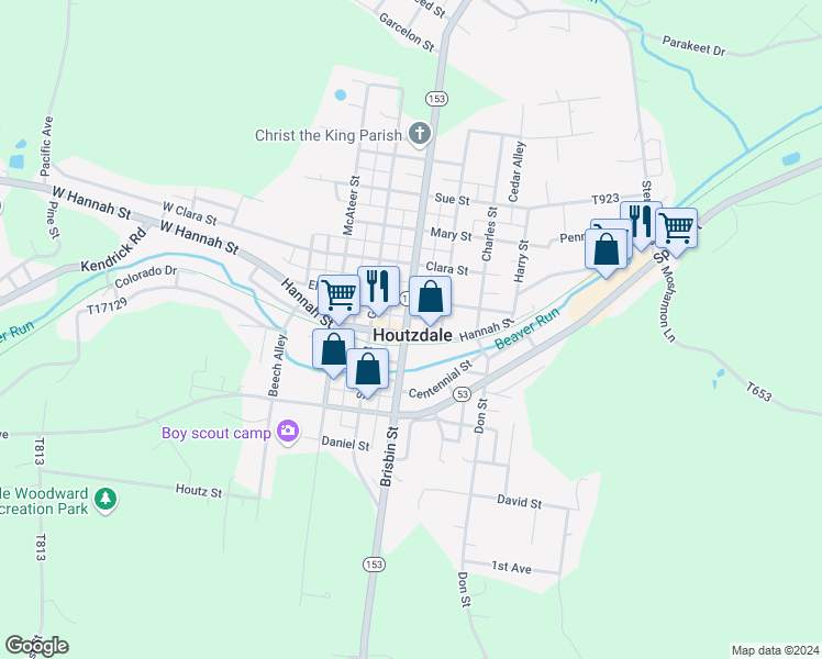 map of restaurants, bars, coffee shops, grocery stores, and more near in Houtzdale