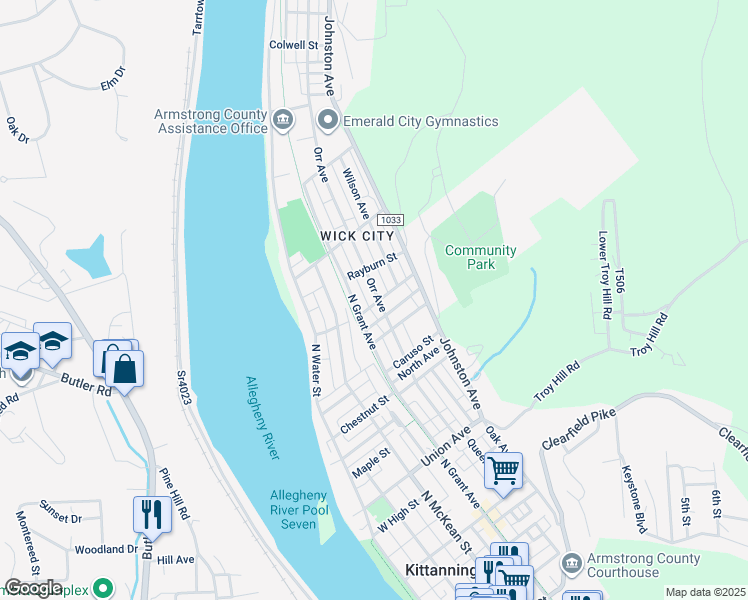 map of restaurants, bars, coffee shops, grocery stores, and more near 930 North Grant Avenue in Kittanning