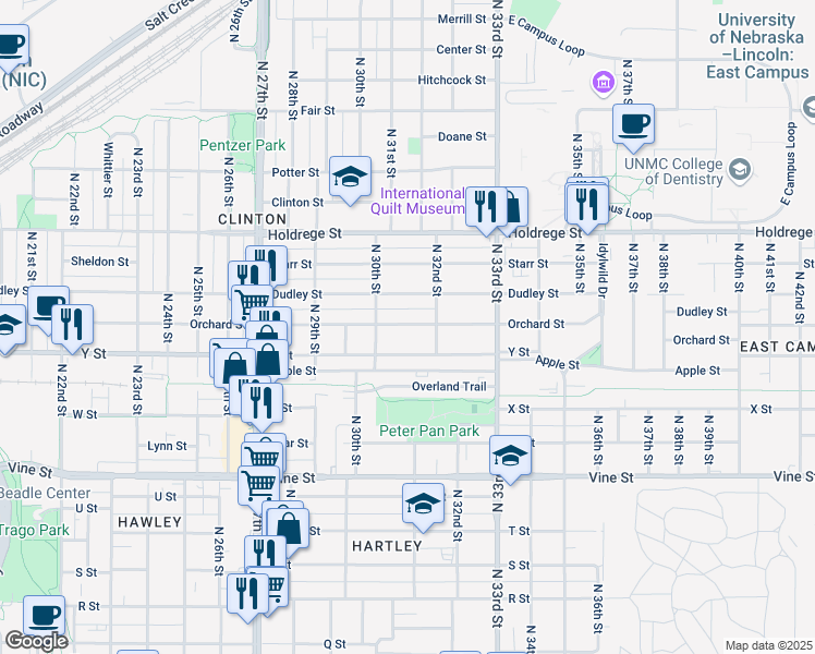 map of restaurants, bars, coffee shops, grocery stores, and more near 3046 Orchard Street in Lincoln