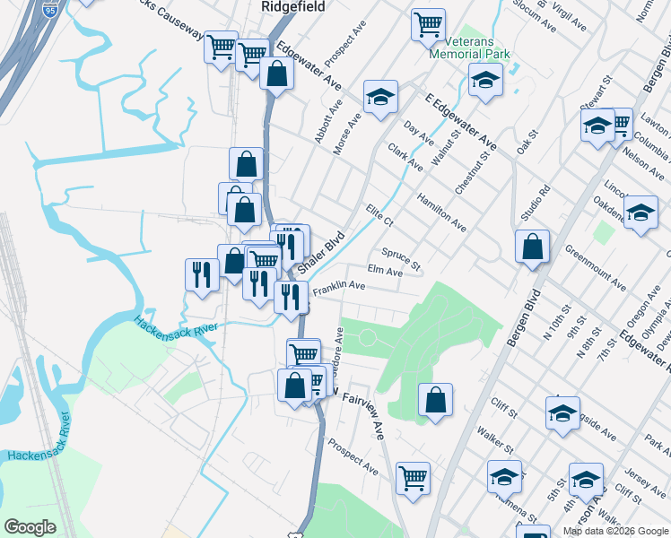 map of restaurants, bars, coffee shops, grocery stores, and more near 43 Elm Avenue in Fairview
