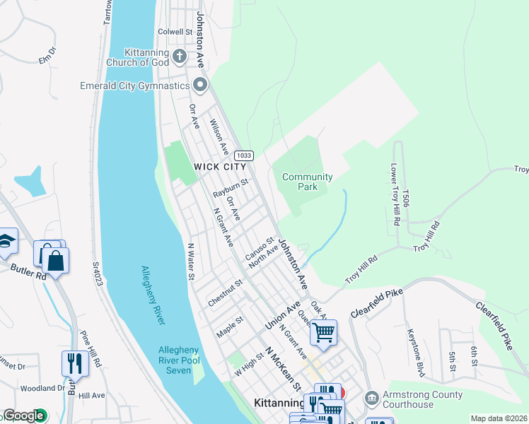 map of restaurants, bars, coffee shops, grocery stores, and more near 885 Johnston Avenue in Kittanning