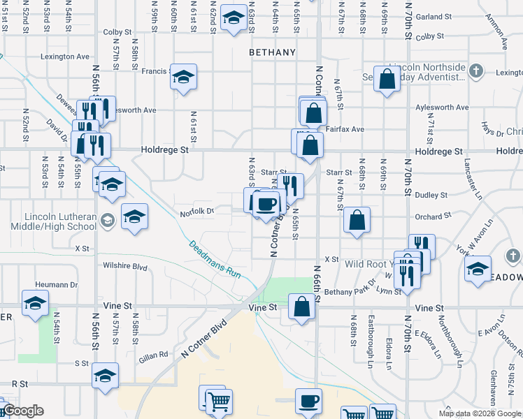 map of restaurants, bars, coffee shops, grocery stores, and more near 1210 North 63rd Street in Lincoln