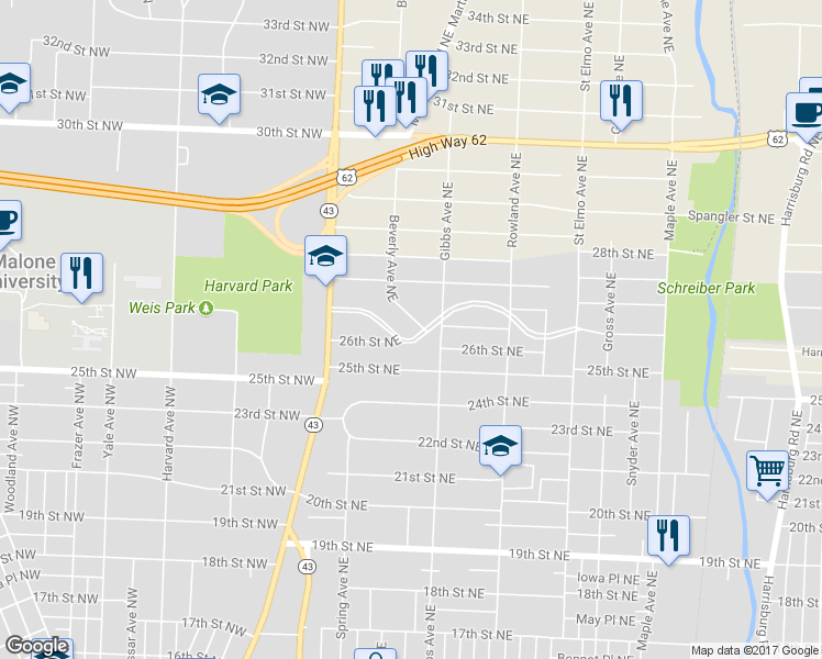 map of restaurants, bars, coffee shops, grocery stores, and more near 909 Colonial Boulevard Northeast in Canton