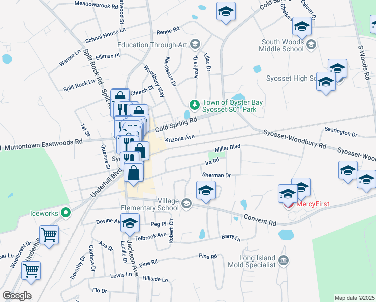 map of restaurants, bars, coffee shops, grocery stores, and more near 27 Miller Boulevard in Syosset