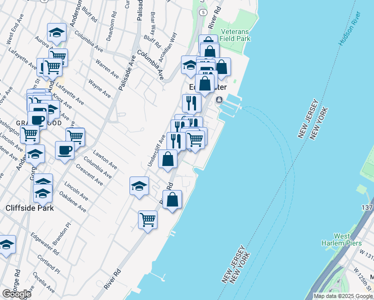 map of restaurants, bars, coffee shops, grocery stores, and more near 225 Edgewater Town Center in Edgewater