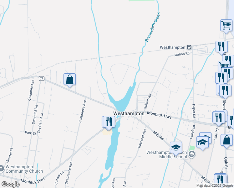 map of restaurants, bars, coffee shops, grocery stores, and more near 82 Lakeside Lane in Westhampton