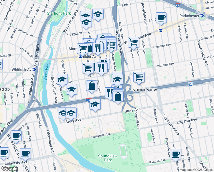 map of restaurants, bars, coffee shops, grocery stores, and more near 1045 Stratford Avenue in Bronx